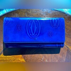 Cartier Rare Midnight Blue Glossy Long Leather Happy Birthday Wallet EUC COA Box